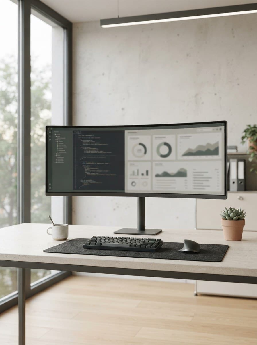 Heller Arbeitsplatz mit einem breiten Monitor, auf dem Code und Dashboards laufen.