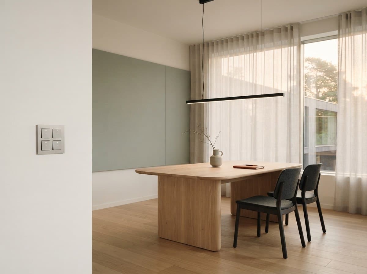 Besprechungsraum mit Lichtleiste, Wandtaster und Holztisch.