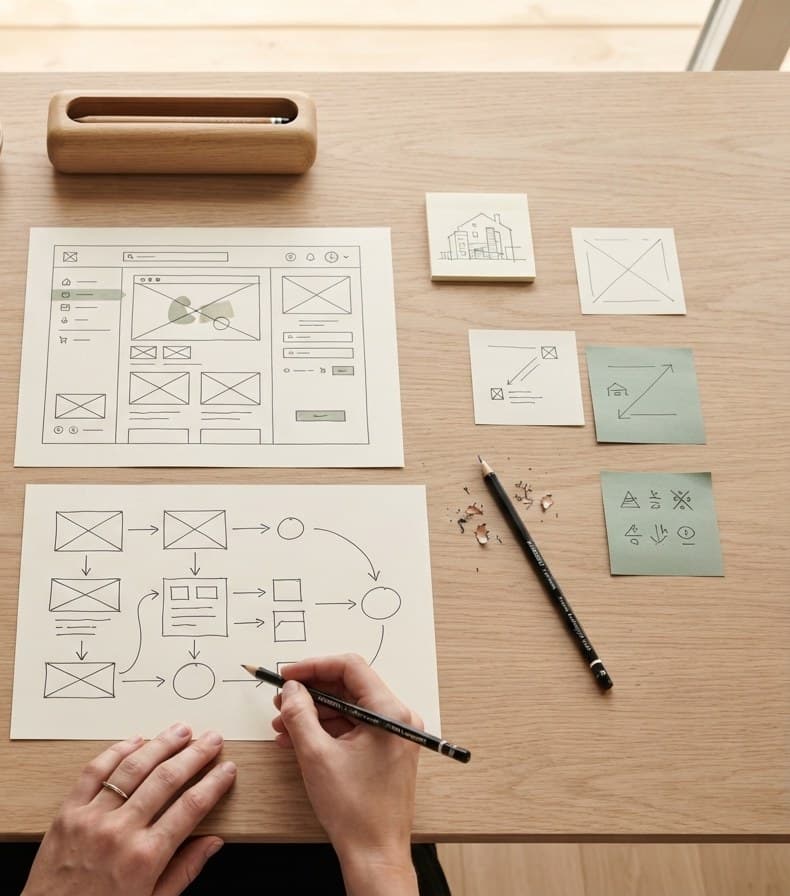 Hände skizzieren Wireframes und einen Ablaufplan für eine Anwendung.