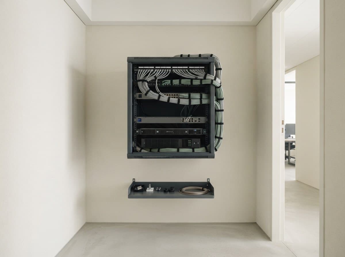 Technikraum mit Netzwerkschrank, Patchfeld und ordentlich gebündelten Kabeln.