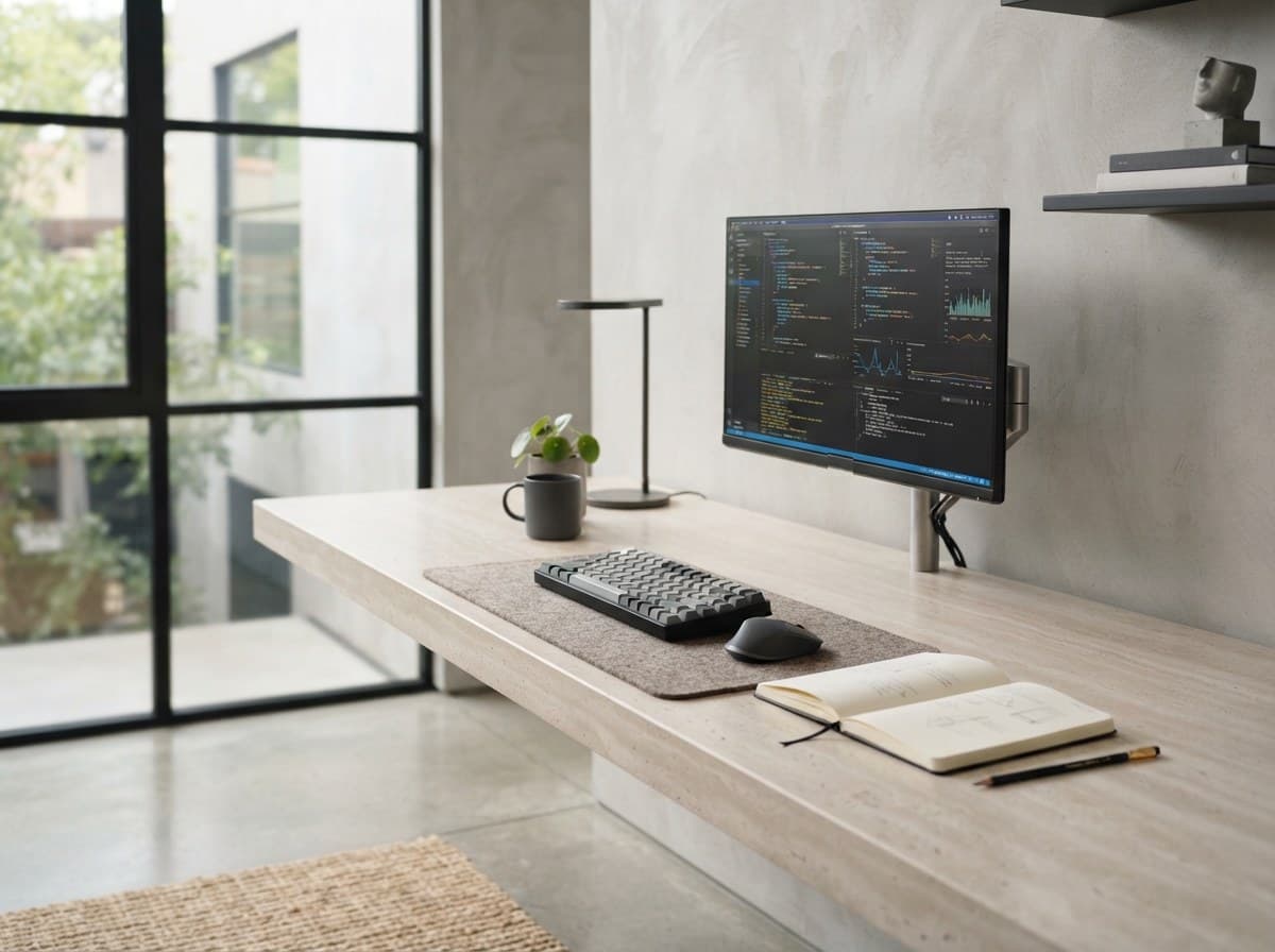 Arbeitsplatz mit Monitor, Tastatur und Notizbuch an einem Steintisch.